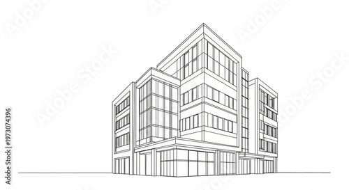 A stylized wireframe sketch of a modern, multi-story commercial building with glass facades