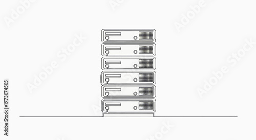 Stack of six identical servers, drawn in a simple, minimalist line art style
