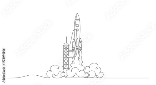 Minimalist single-line drawing of a rocket launching with exhaust and launchpad
