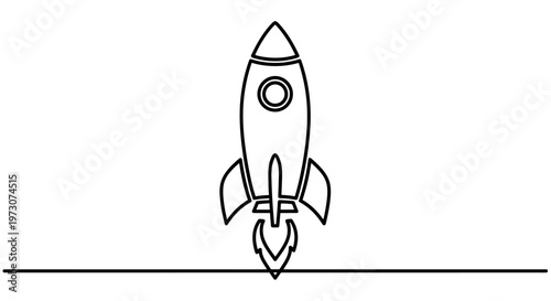 Minimalist line drawing of a rocket launching from a flat surface