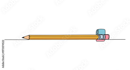 A sharpened yellow pencil lies horizontally across a thin black line with colorful caps on its end