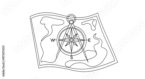 A simplified sketch shows a compass rose centered on a map with a winding border