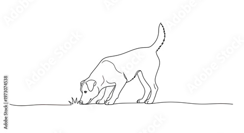 A simple line drawing shows a dog sniffing the ground