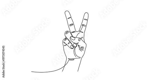 A minimalist single-line drawing of a hand making a peace sign