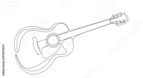 A minimalist line drawing depicts an acoustic guitar with smooth, flowing lines