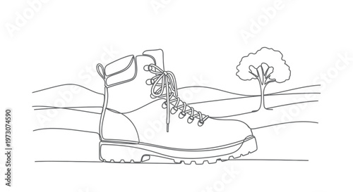 One continuous line drawing of a hiking boot in a minimalist outdoor landscape