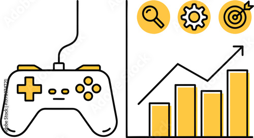 Video game controller with growth chart and business icons