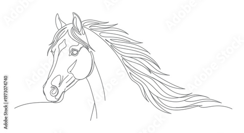 A stylized, single-line drawing of a horse's head and flowing mane