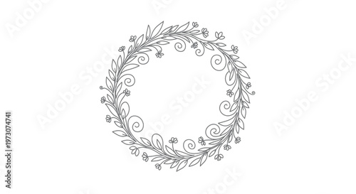 Delicate gray circular floral wreath with leaves and small blooms