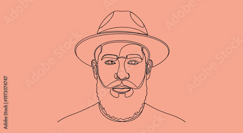 Single line drawing of a bearded man wearing a hat