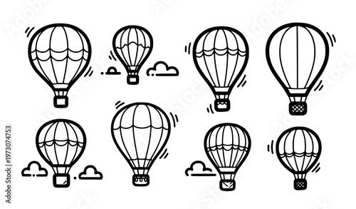 Sticker style hot air balloon doodle icons bold outline travel vector set