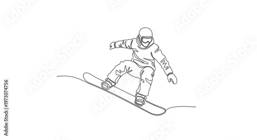 Single line drawing of a snowboarder carving down a slope