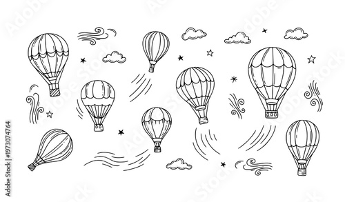 Floating hot air balloon doodle set hand drawn sky elements playful vector illustration