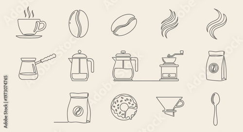 Coffee icons cup, beans, steam, pots, grinder, bag, donut, filter, spoon