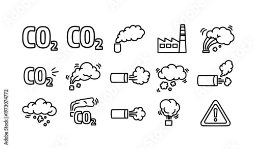 Sticker style CO2 pollution doodle icons bold outline air emission vector set