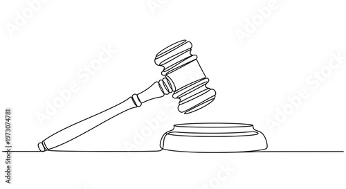 A minimalist, continuous-line drawing of a gavel and sounding block