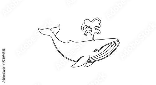 Single line art of a whale spouting water, facing right