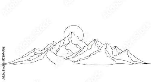 Minimalist black line drawing of a mountain range with a circular sun behind the tallest peak
