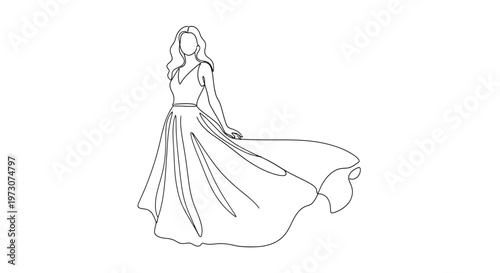 A flowing black and white line drawing of a woman in a long dress