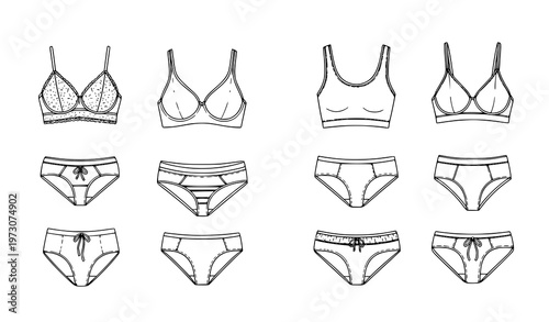 Women underwear doodle icon set hand drawn bra and panties outline fashion vector collection