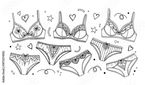 Fashion lingerie doodle set hand drawn bra and panties with decorative elements vector illustration