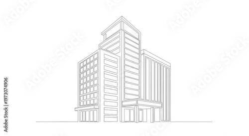 Stylized one-line drawing of a modern multi-story building with geometric shapes