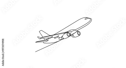 A black line drawing of an airplane in flight against a white background