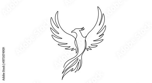Stylized bird with outstretched wings and flowing tail, drawn with single line