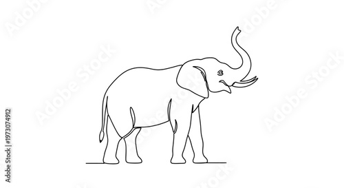 Single line drawing of an elephant with trunk raised