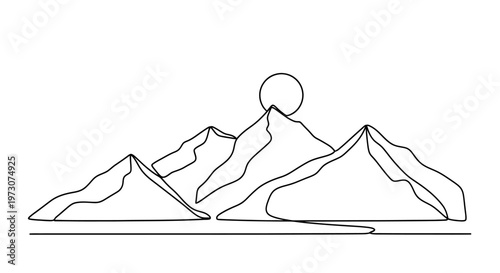 Stylized minimalist line art of mountain peaks with a sun