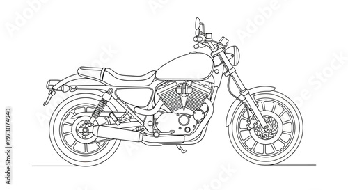 Line art sketch of a classic motorcycle with detailed engine and suspension