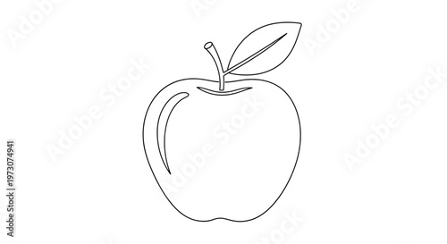 Black outline drawing of a single, ripe apple with a stem and leaf