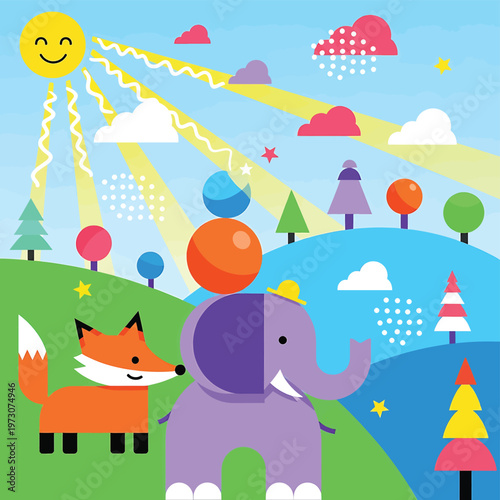 Colorful Elephant and Fox Friends Playing.