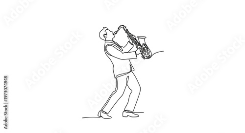 One continuous line drawing of a man playing a saxophone