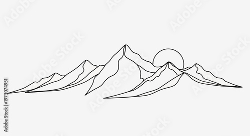 Minimalist black line art depicts a serene mountain range with a circular sun peeking from behind