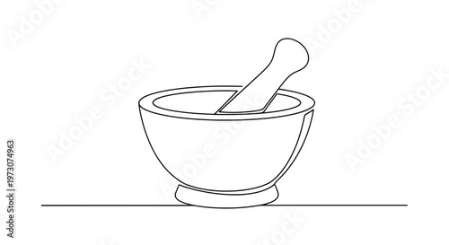 A minimalist line art illustration of a mortar and pestle on a plain white background