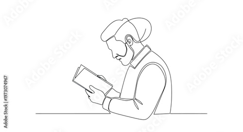 Person wearing a head covering reads a book in a single continuous line