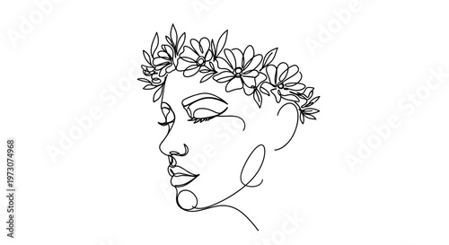Minimalist line art portrait of a woman with closed eyes adorned by a flower crown