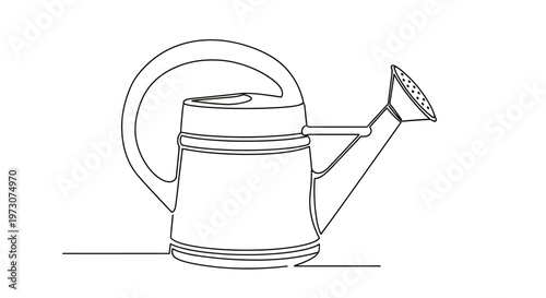 Single-line drawing of a classic metal watering can with a curved handle and sprinkler head