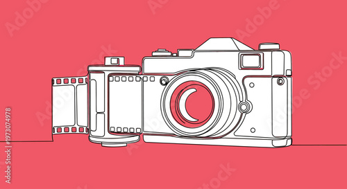 Minimalist illustration of a vintage film camera and a reel of film on a solid pink background
