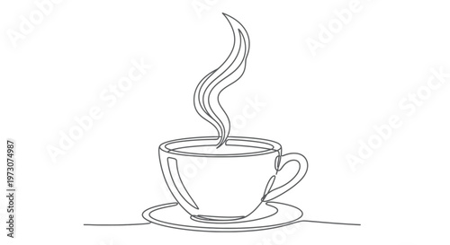 A single continuous line drawing of a steaming cup of coffee on a saucer