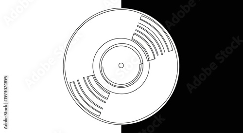 Black and white graphic representation of a stylized disc with concentric circles and radial lines