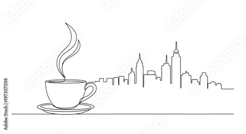 Steaming coffee cup sits before a minimalist city skyline