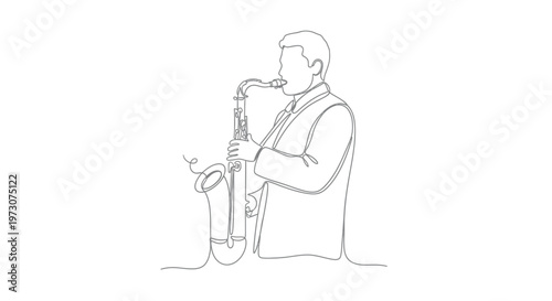 Single line drawing of a man playing a saxophone