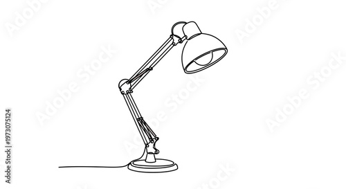 Minimalist outline drawing of an articulated desk lamp with a conical shade
