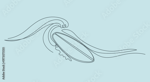 Minimalist line art depicts a surfboard caught in a breaking wave