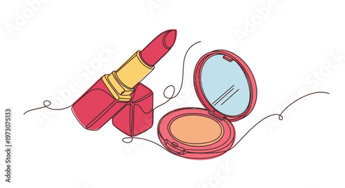 Single line drawing of a red lipstick and compact powder with mirror