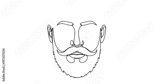A minimalist line drawing depicts a man's face with prominent mustache and beard