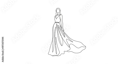 Woman in flowing gown, elegant, graceful, minimalist outline drawing