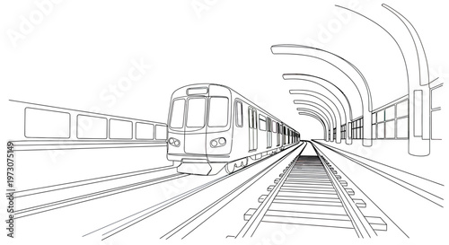 A stylized line drawing depicts a train at a modern station with arched shelters